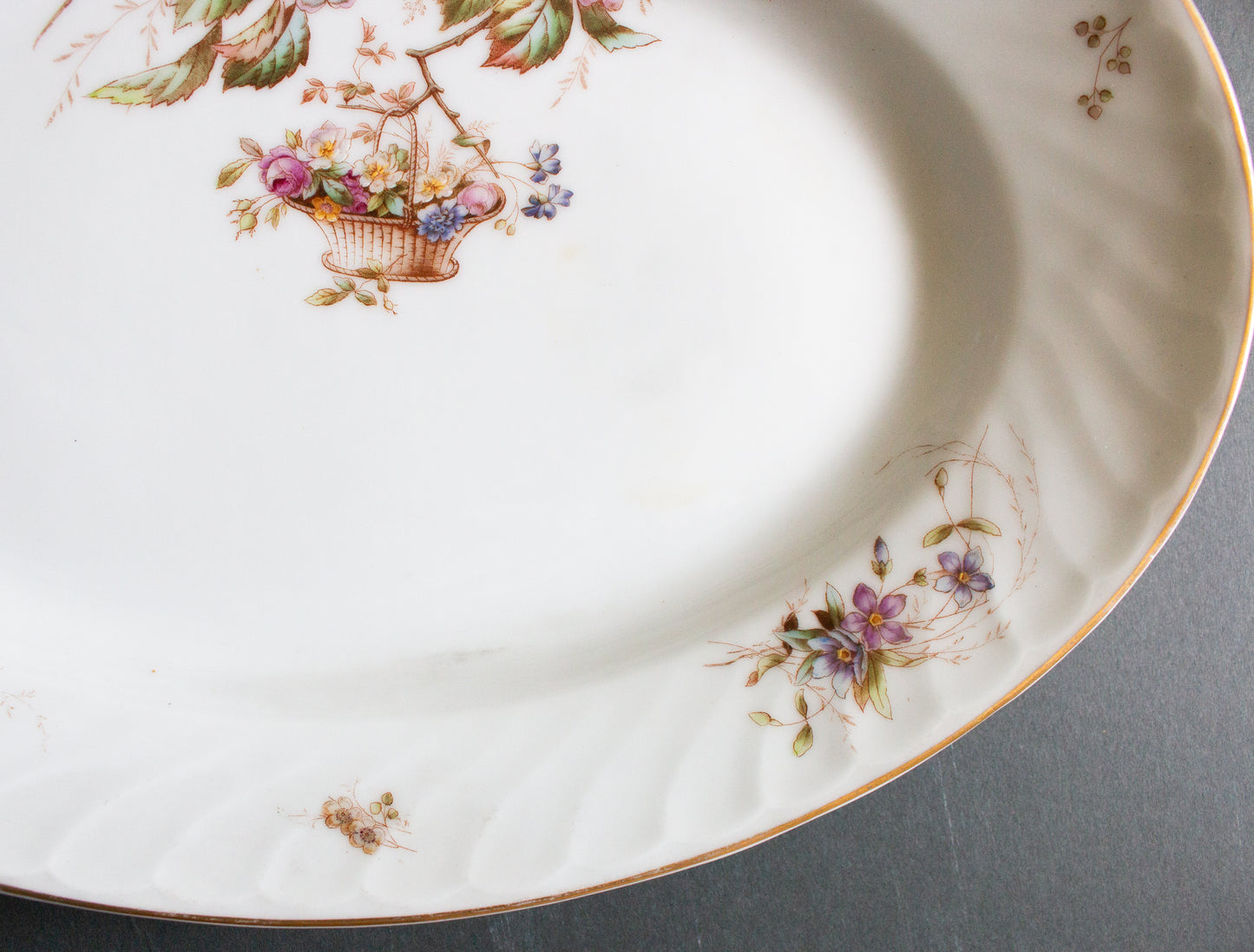 Antique Oval Serving Platter with Hand Painted Birds and Insects Detail