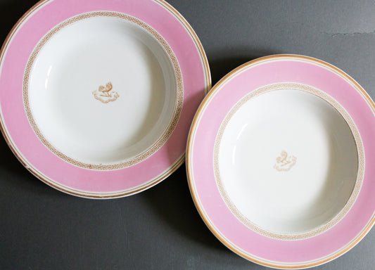 Antique G. W. Turner & Sons Pink Rimmed Plates or Bowls with Motto in French 'Vigueur de dessus'