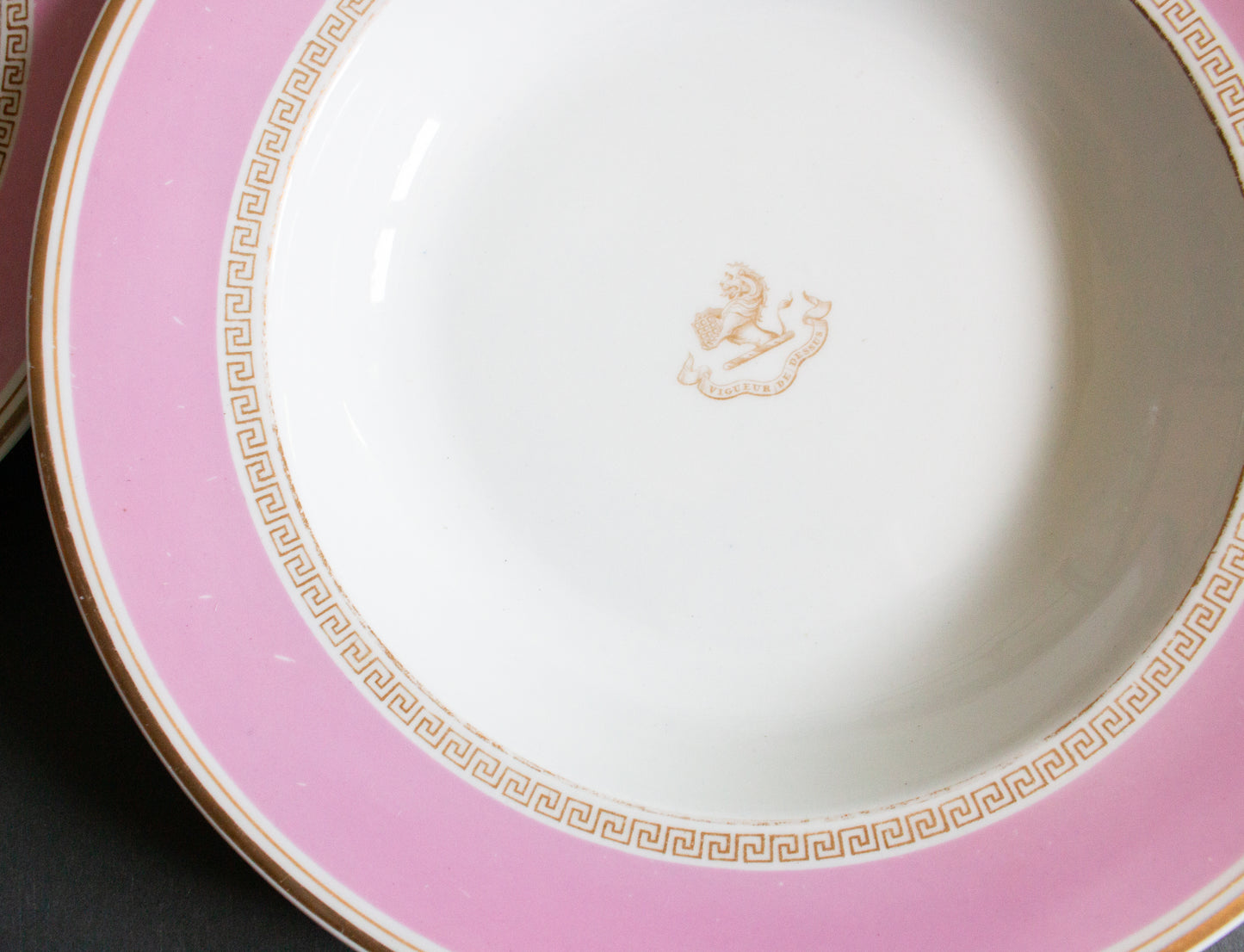 Antique G. W. Turner & Sons Pink Rimmed Plates or Bowls with Motto in French 'Vigueur de dessus'