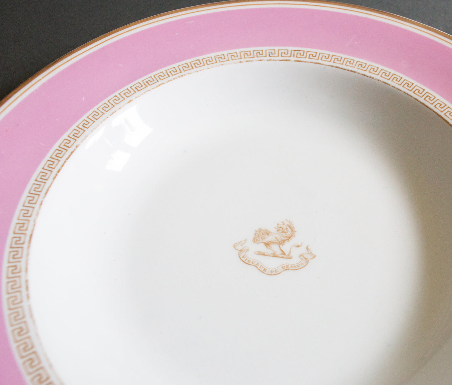 Antique G. W. Turner & Sons Pink Rimmed Plates or Bowls with Motto in French 'Vigueur de dessus'