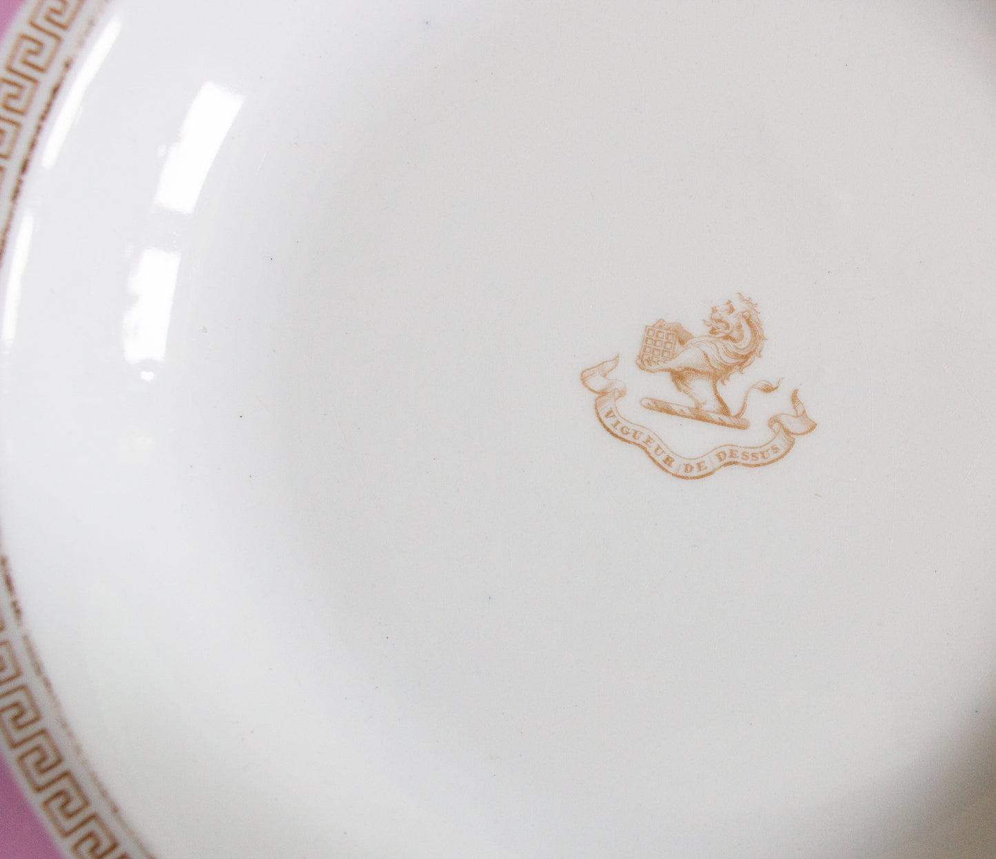 Antique G. W. Turner & Sons Pink Rimmed Plates or Bowls with Motto in French 'Vigueur de dessus'