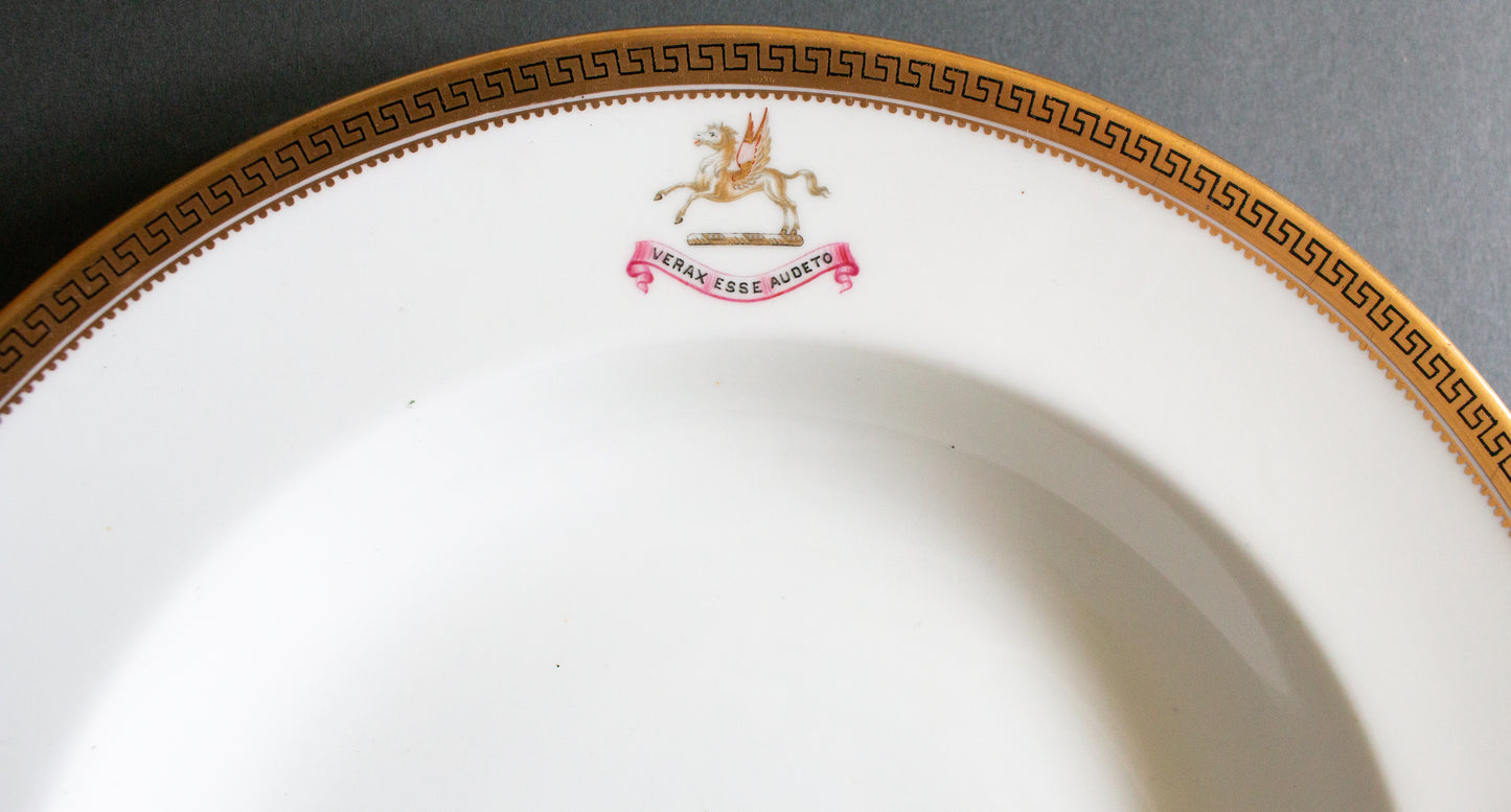 Antique Cauldon Rimmed Plate or Bowl with Greek Key Border and Motto 'Verax esse audeto'