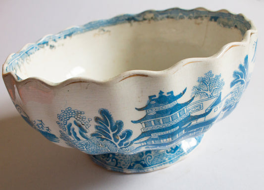 Antique Blue and White Transferware 'Willow' Pattern Footed Serving Bowl