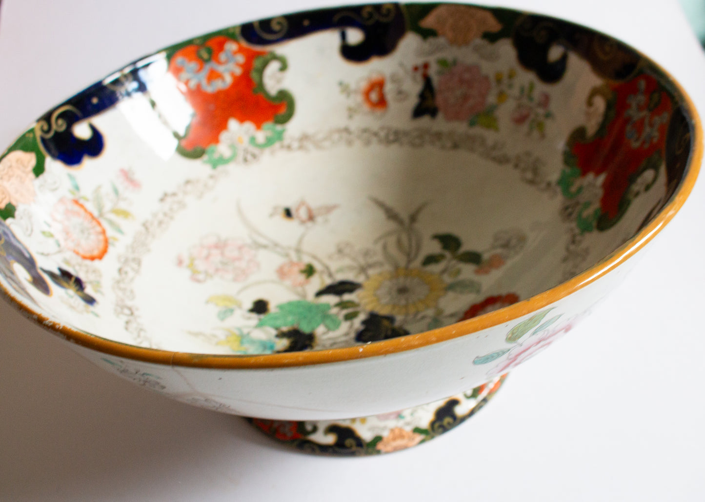 Antique Imari Transferware Large Footed Serving Bowl