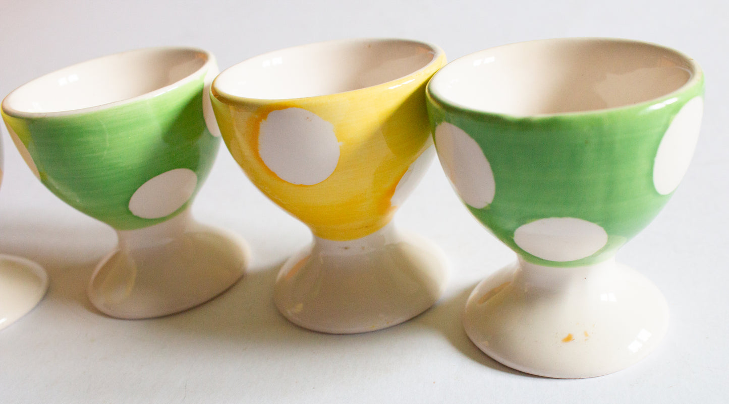 Vintage French Afibel Yellow and Green Polka Dot Egg Cups (4)