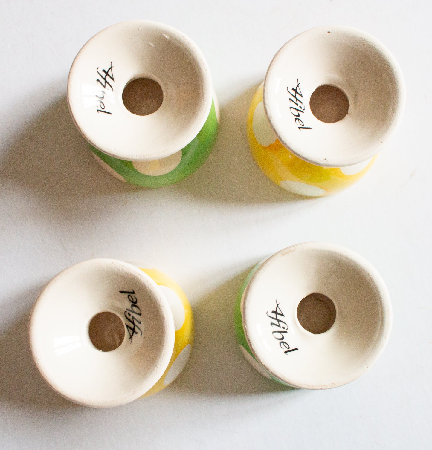 Vintage French Afibel Yellow and Green Polka Dot Egg Cups (4)