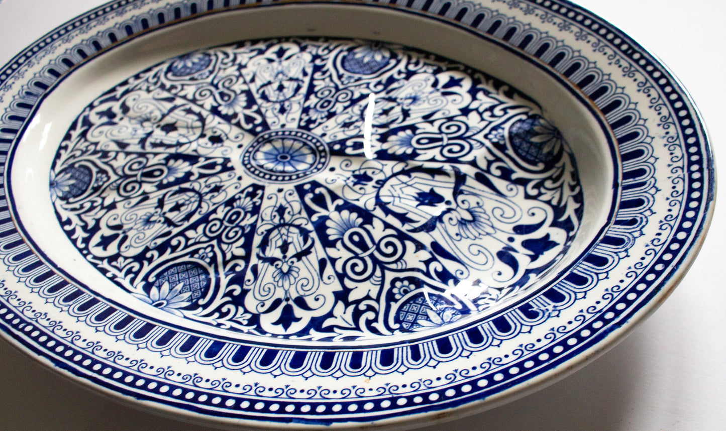 Brown Westhead Moore 'Teutonic' Pattern Large Blue and White Transferware Serving Platter