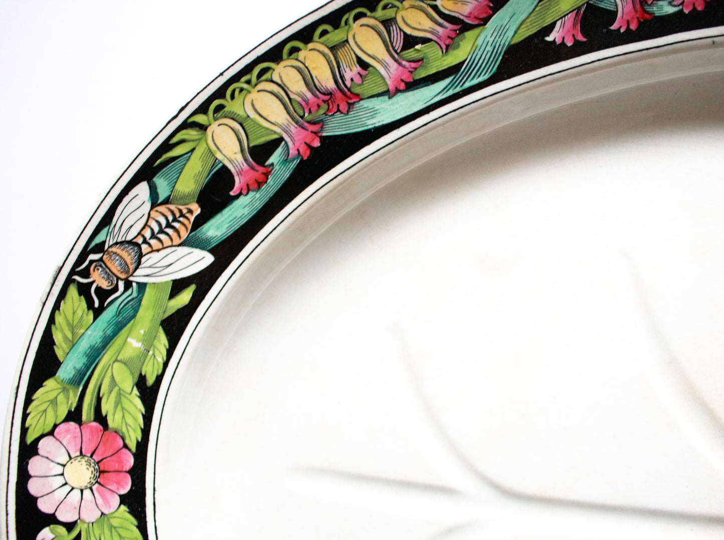 Large Antique Serving Platter with Floral and Insect Motifs