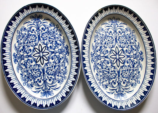 Brown Westhead Moore 'Teutonic' Pattern  Blue and White Transferware Serving Platters (2)