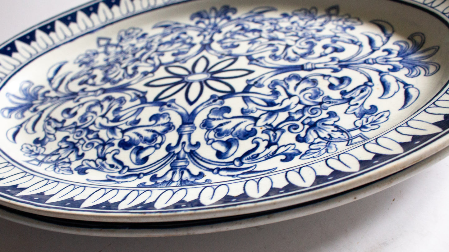 Brown Westhead Moore 'Teutonic' Pattern  Blue and White Transferware Serving Platters (2)