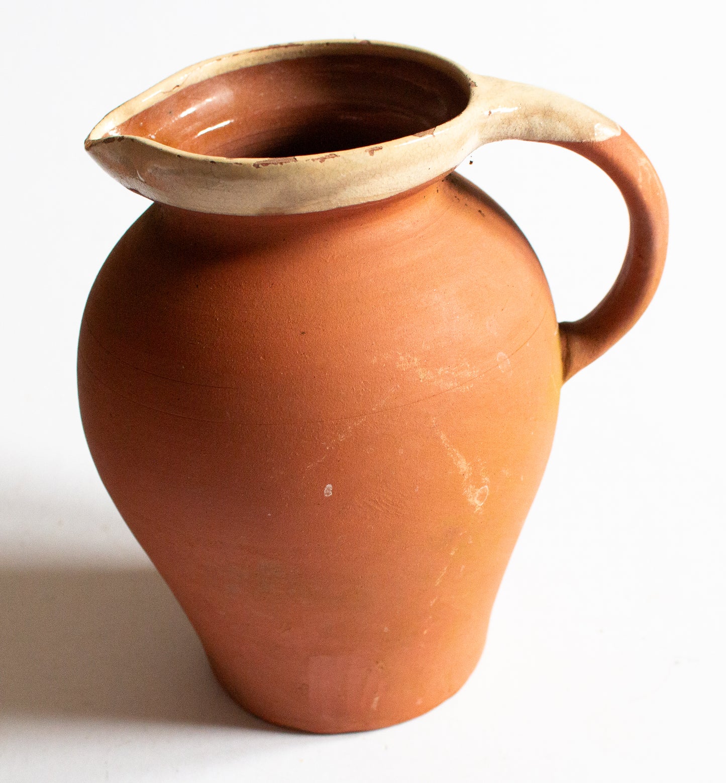 Antique West Country Terracotta Jug or Pitcher with Cream Lip and Glazed Interior