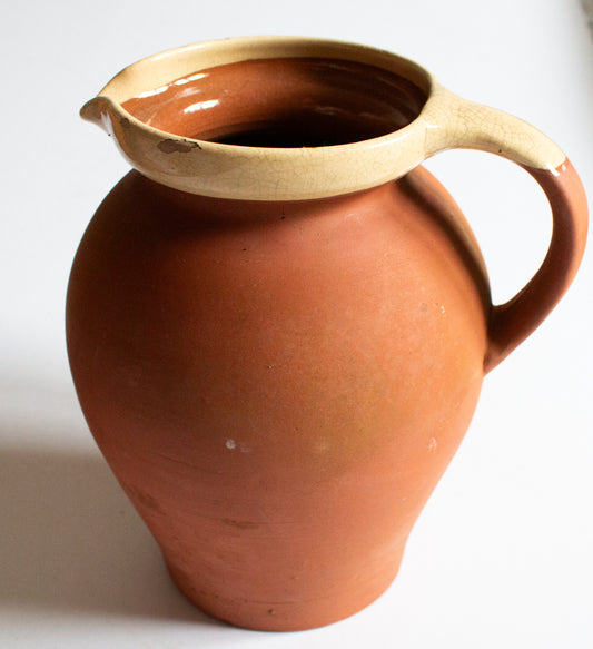 Large Antique West Country Terracotta Jug or Pitcher with Cream Lip and Glazed Interior