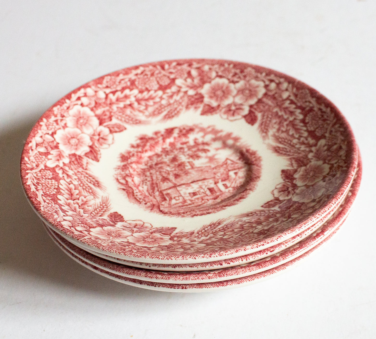 Broadhurst Ironstone 'The Constable Series' Pink and White Transferware Saucers (4)