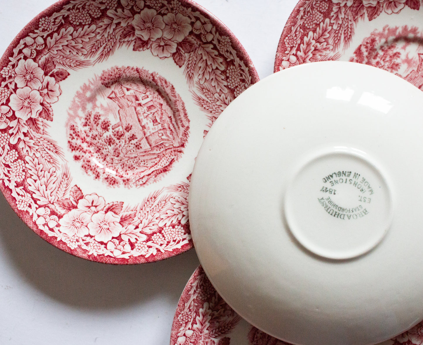 Broadhurst Ironstone 'The Constable Series' Pink and White Transferware Saucers (4)