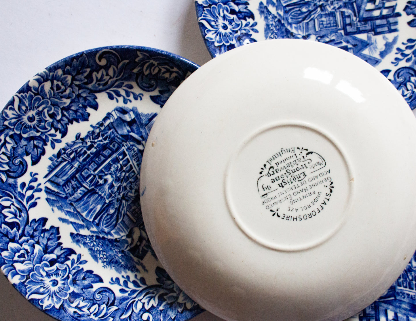 English Ironstone Tableware 'Dickens Series' Blue and White Transferware Saucers (4)