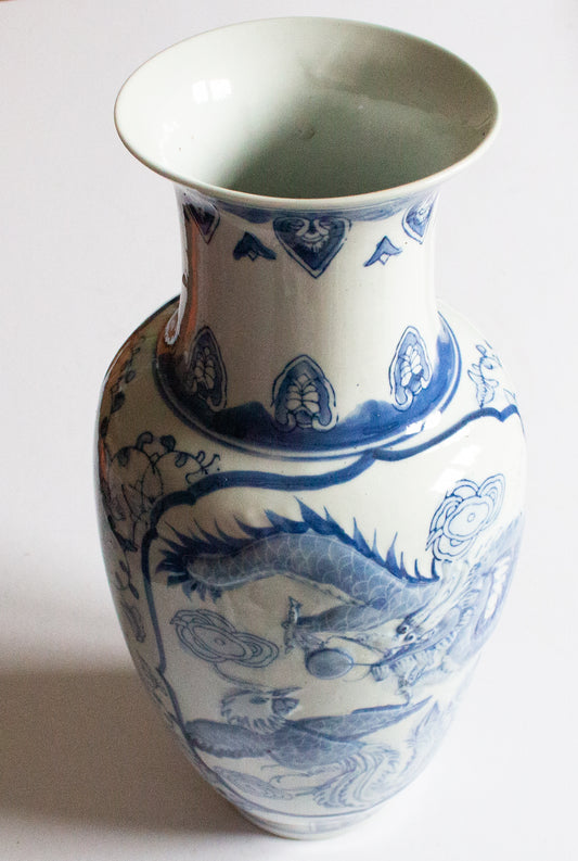 Large Blue and White Transferware Chinese Vase