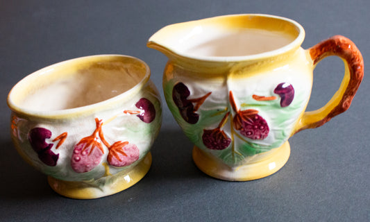 Avon Ware Yellow Sugar Bowl and Creamer Set with Moulded Fruit Detail