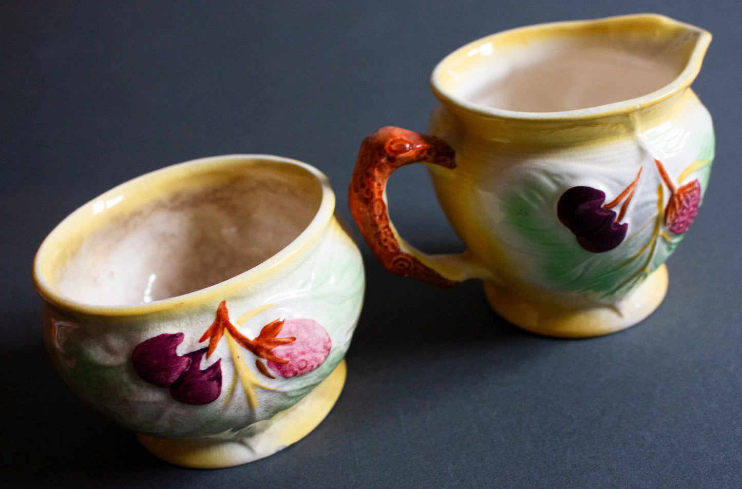 Avon Ware Yellow Sugar Bowl and Creamer Set with Moulded Fruit Detail