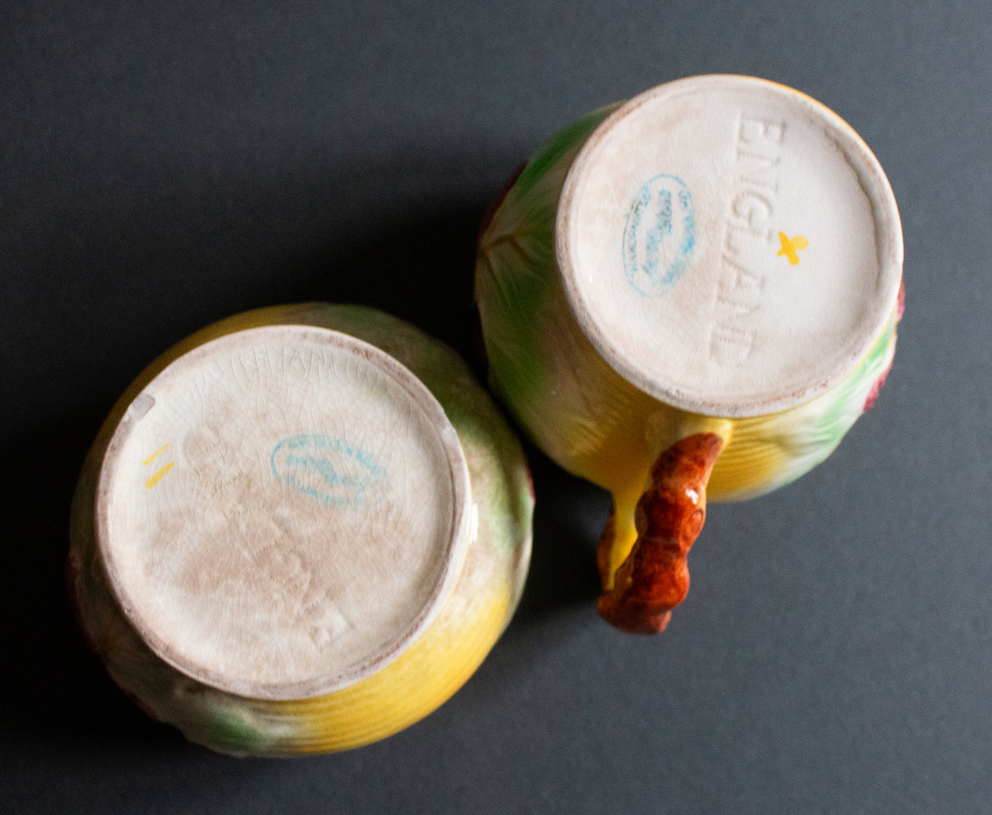 Avon Ware Yellow Sugar Bowl and Creamer Set with Moulded Fruit Detail