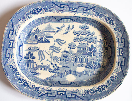 Antique 'Willow' Pattern Blue and White Transferware Serving Platter