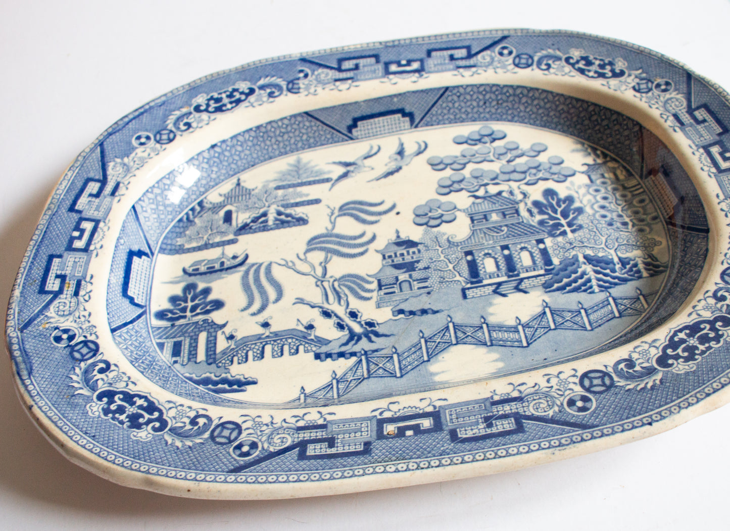 Antique 'Willow' Pattern Blue and White Transferware Serving Platter