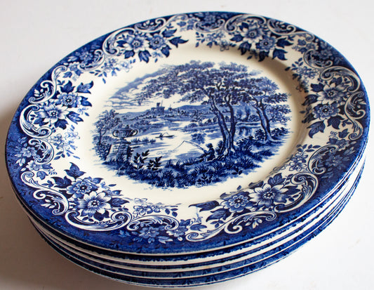 Broadhurst Staffordshire Ironstone 'The English Scene' Blue and White Transferware 9.5" Dinner Plates (6)