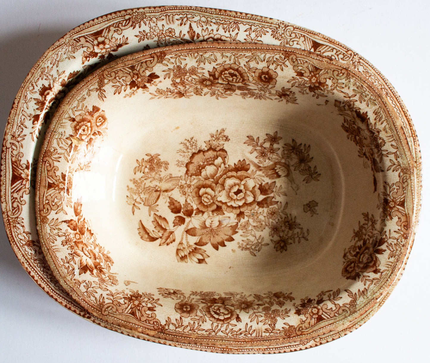 Antique 'Asiatic Pheasants' Pattern Brown and White Transferware Graduated Serving Dishes (2)