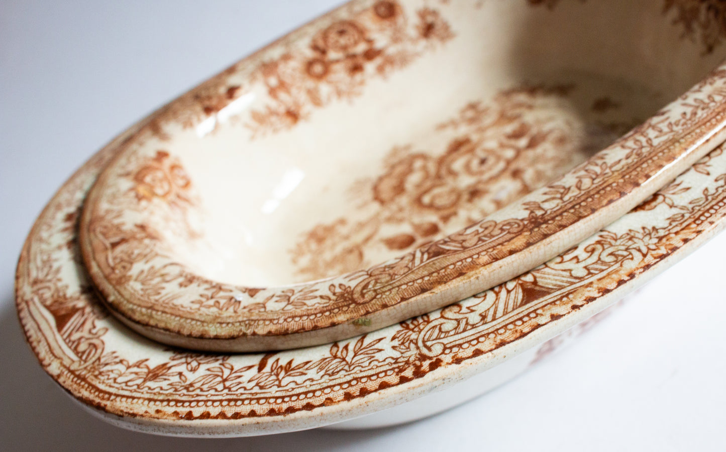 Antique 'Asiatic Pheasants' Pattern Brown and White Transferware Graduated Serving Dishes (2)