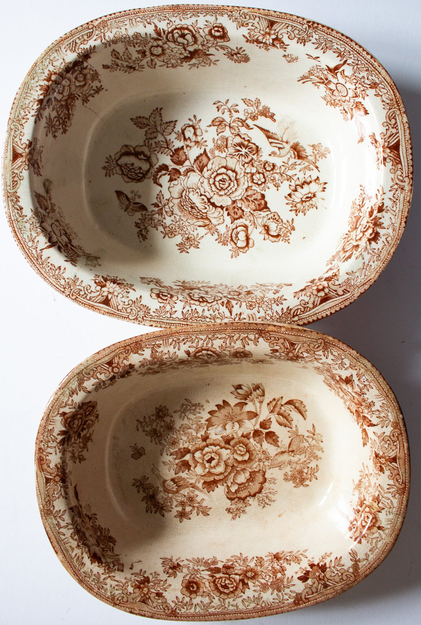 Antique 'Asiatic Pheasants' Pattern Brown and White Transferware Graduated Serving Dishes (2)