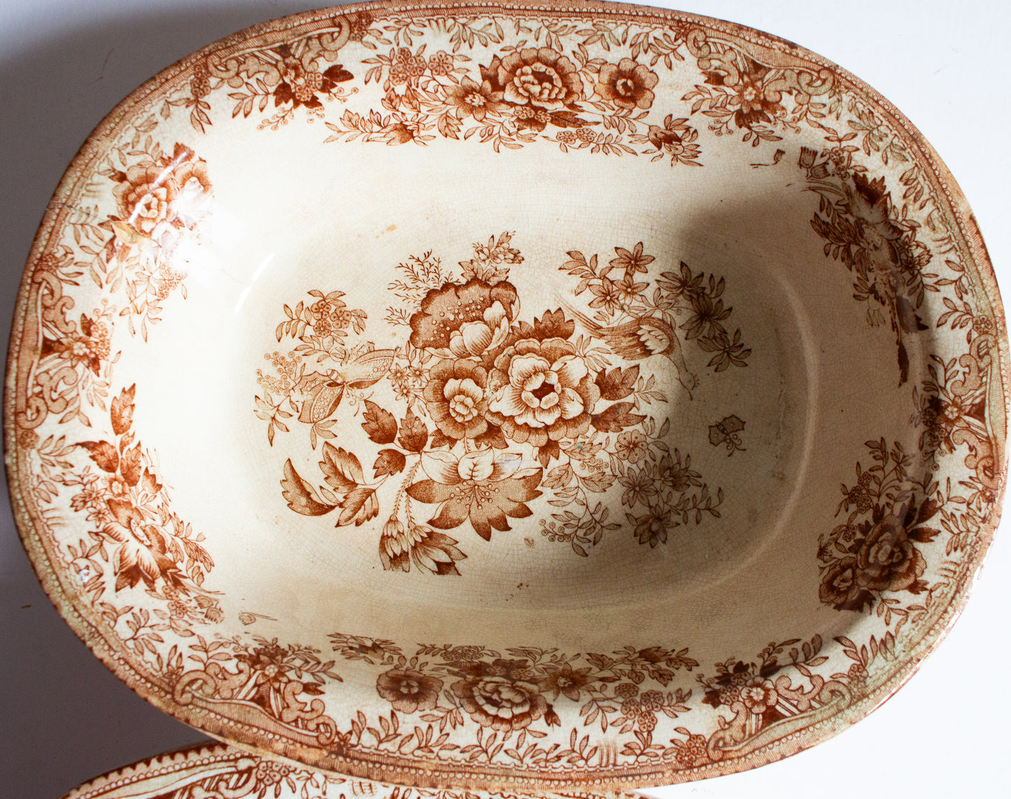 Antique 'Asiatic Pheasants' Pattern Brown and White Transferware Graduated Serving Dishes (2)