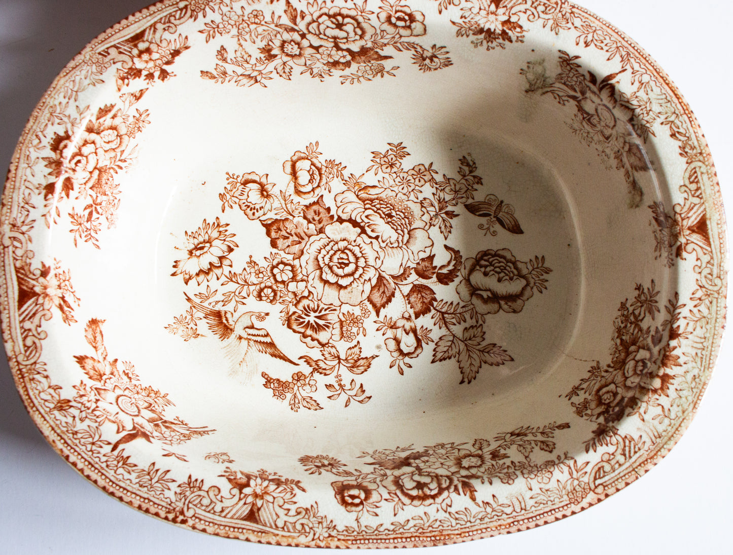 Antique 'Asiatic Pheasants' Pattern Brown and White Transferware Graduated Serving Dishes (2)