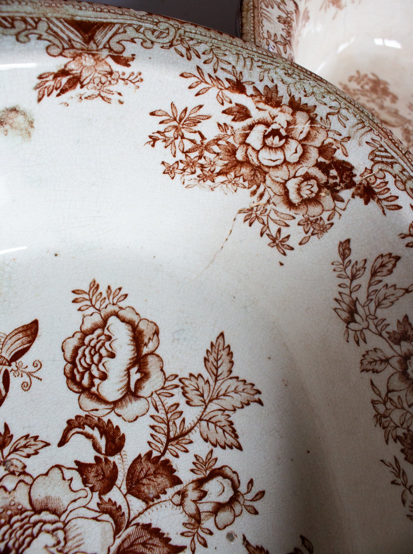 Antique 'Asiatic Pheasants' Pattern Brown and White Transferware Graduated Serving Dishes (2)