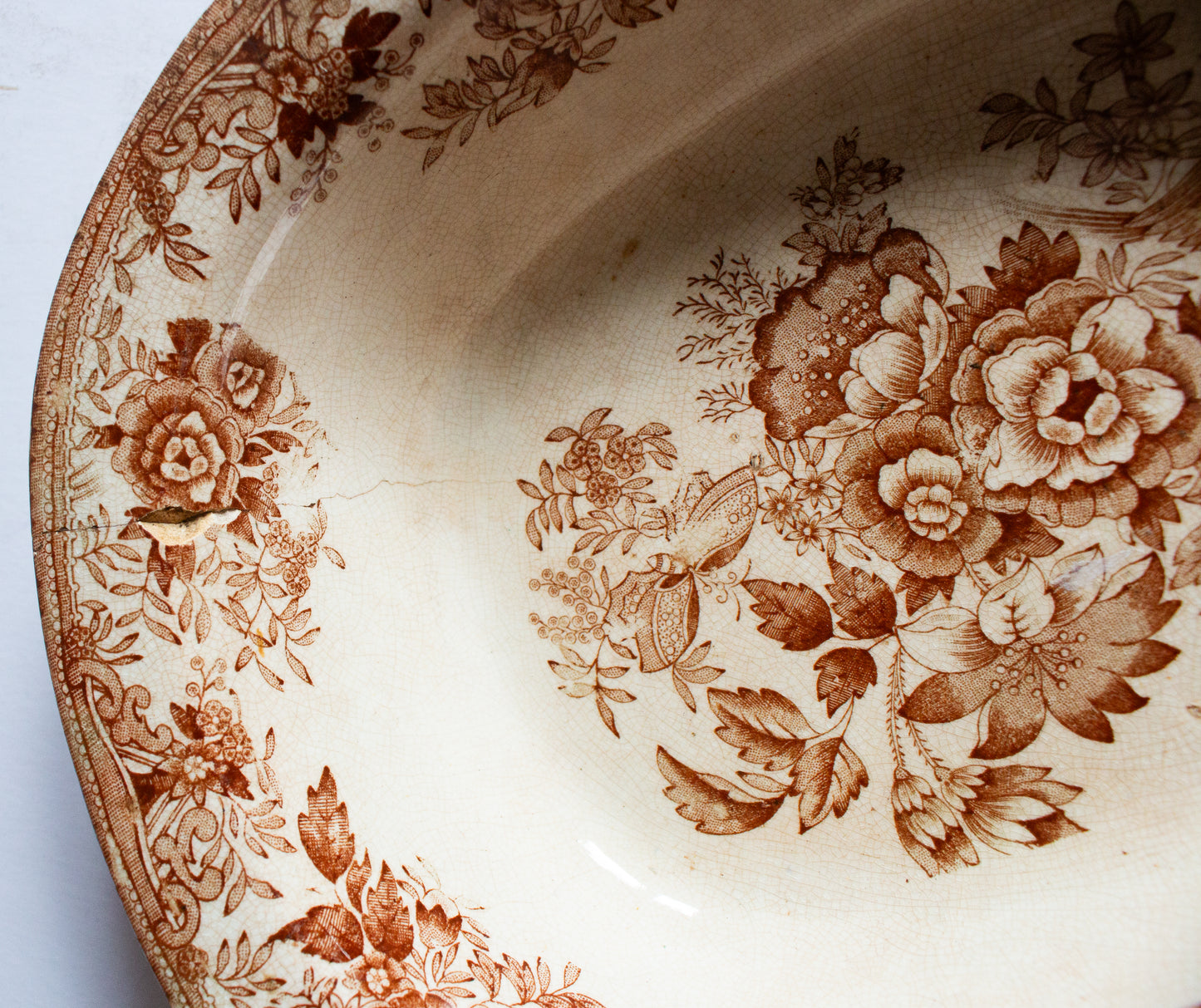 Antique 'Asiatic Pheasants' Pattern Brown and White Transferware Graduated Serving Dishes (2)