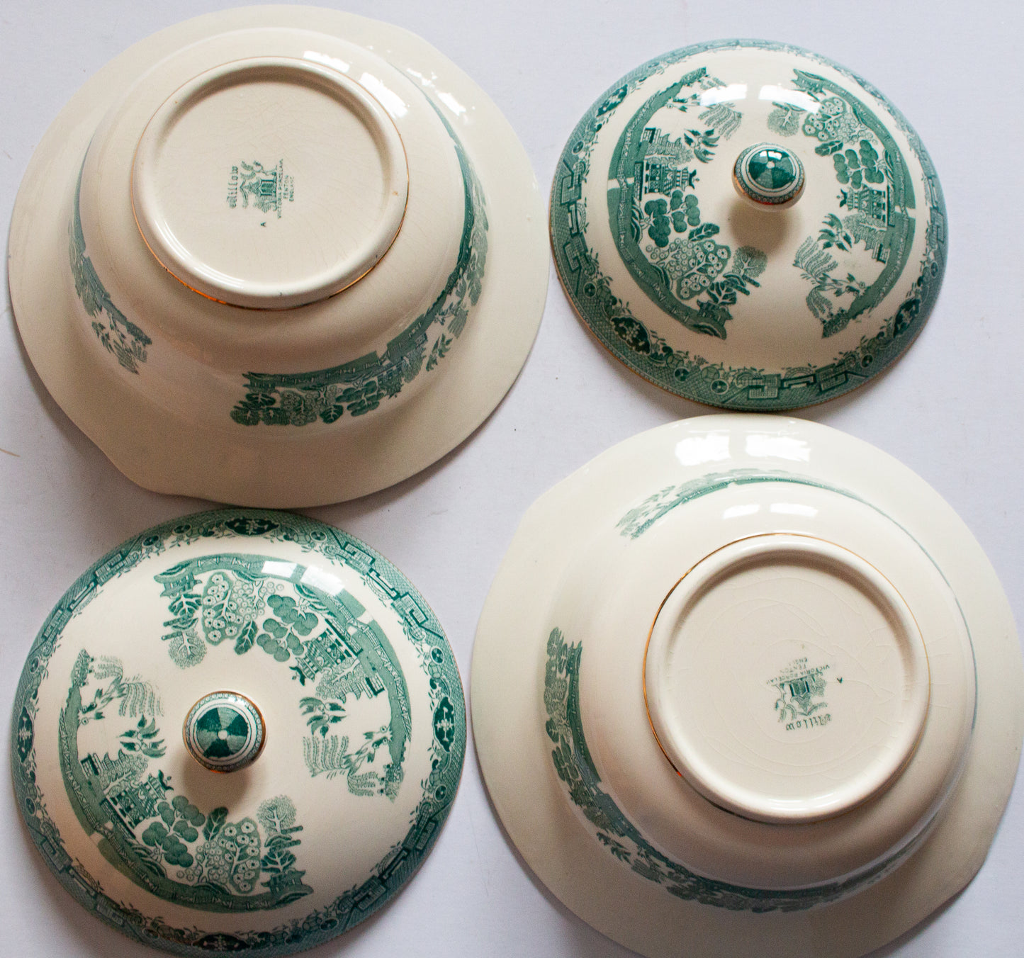 Fenton Victoria Porcelain Green Blue and White Transferware Lidded Tureens (2)