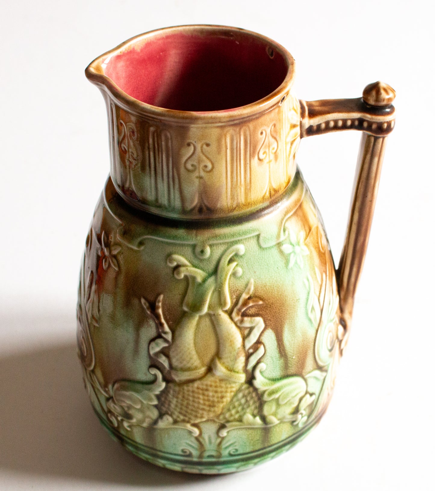 Antique Green and Brown Majolica Pitcher or Jug