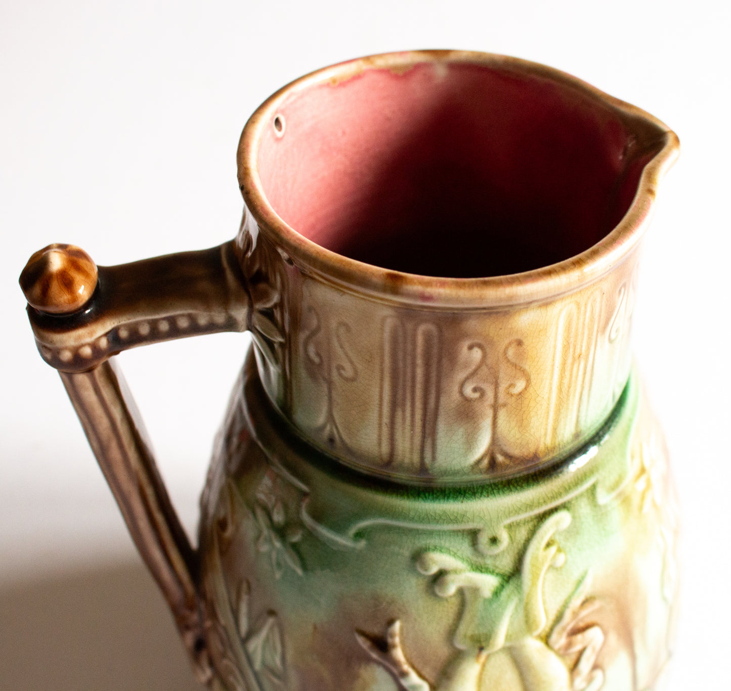 Antique Green and Brown Majolica Pitcher or Jug