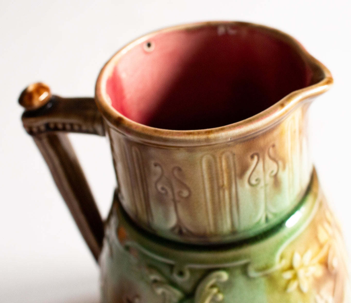 Antique Green and Brown Majolica Pitcher or Jug