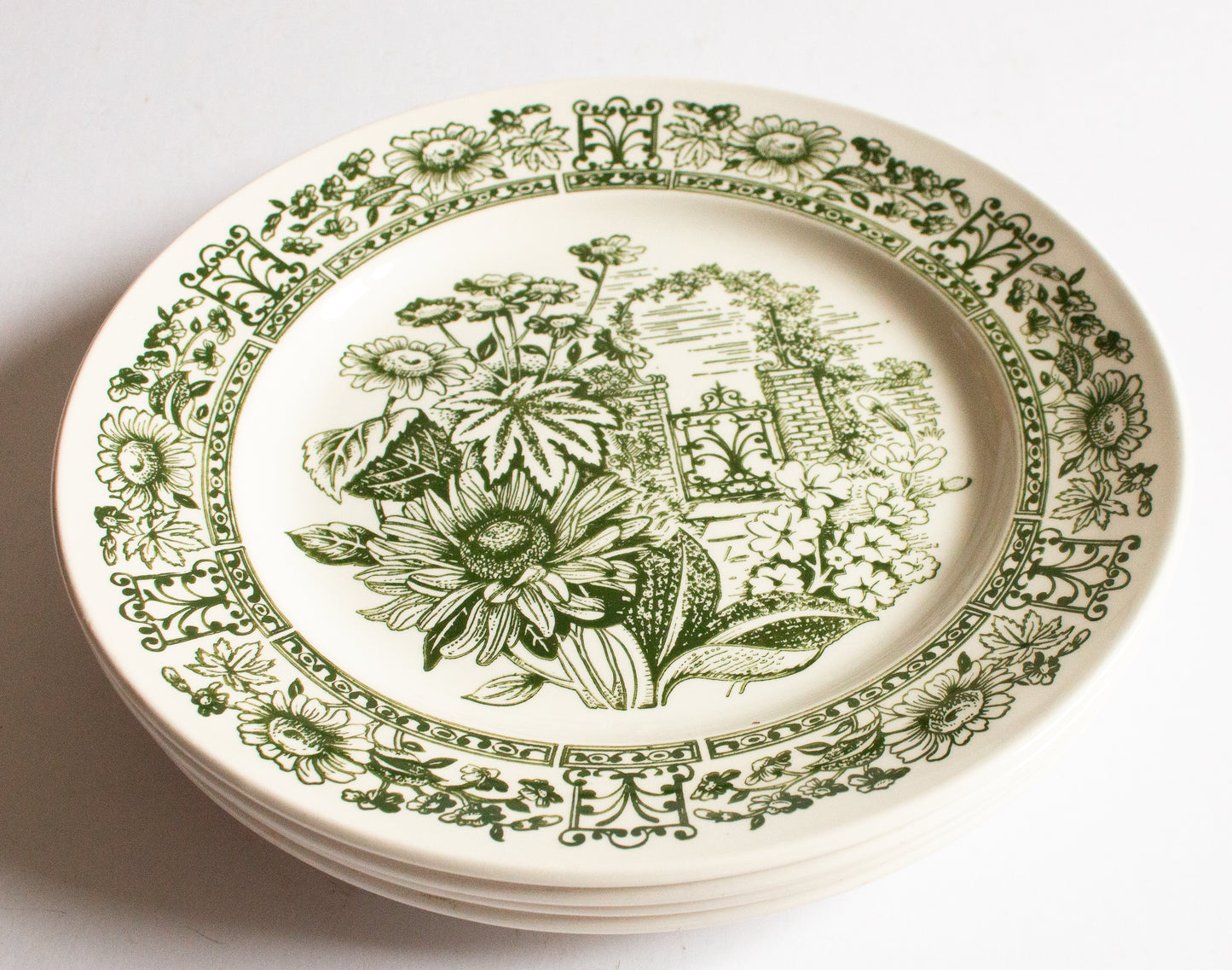 Broadhurst Ironstone 'English Garden' Pattern Green and White Transferware 9.5" Transferware Plates (4)