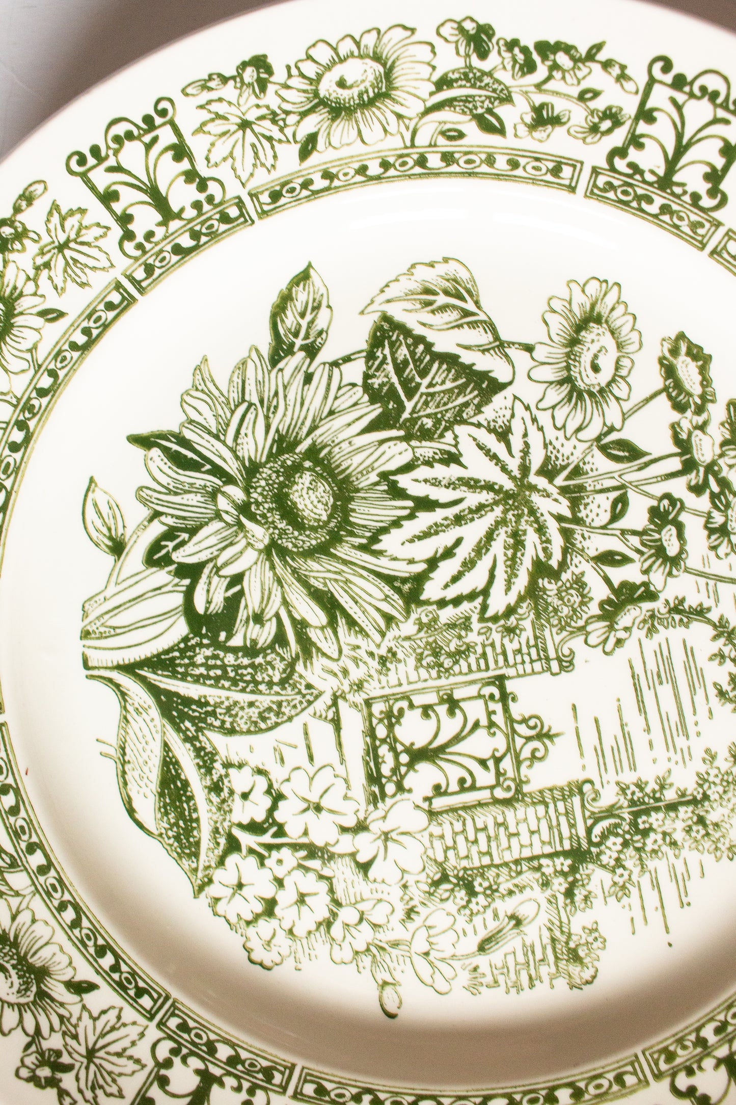 Broadhurst Ironstone 'English Garden' Pattern Green and White Transferware 9.5" Transferware Plates (4)