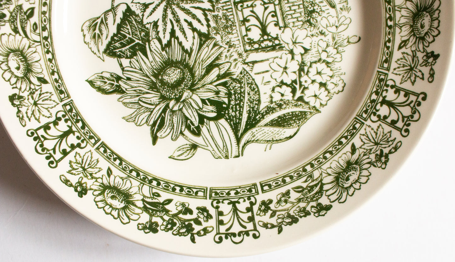 Broadhurst Ironstone 'English Garden' Pattern Green and White Transferware 9.5" Transferware Plates (4)