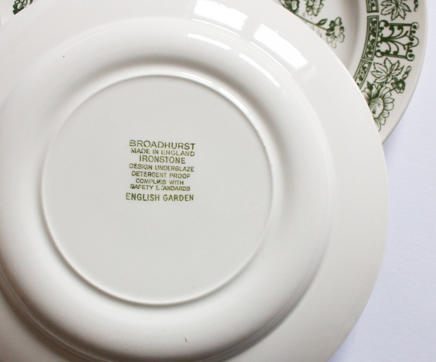 Broadhurst Ironstone 'English Garden' Pattern Green and White Transferware 9.5" Transferware Plates (4)