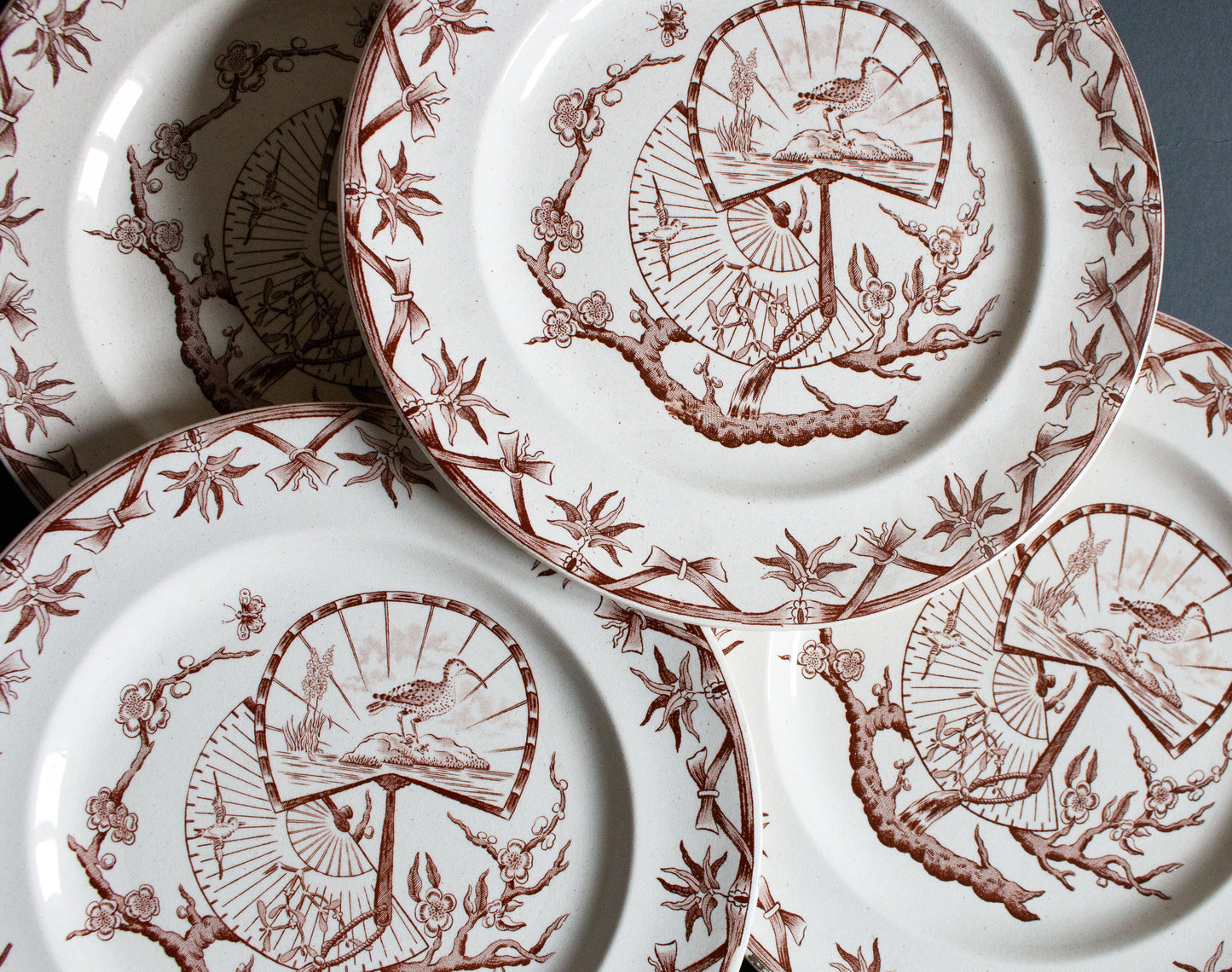 Bovey Tracey Potteries 'Fan' Pattern Brown and White Transferware 7.5" Plates (4)