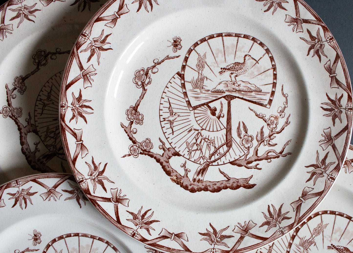 Bovey Tracey Potteries 'Fan' Pattern Brown and White Transferware 7.5" Plates (4)