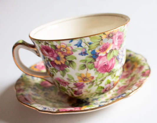 Royal Winton 'Summertime' Pattern Chintz Large Flat Teacup and Saucer