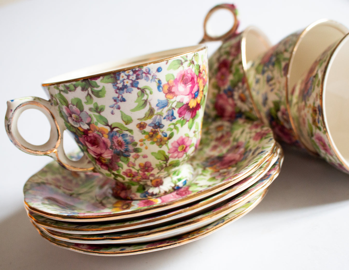 Royal Winton 'Summertime' Pattern Chintz Footed Teacups and Saucers (4)