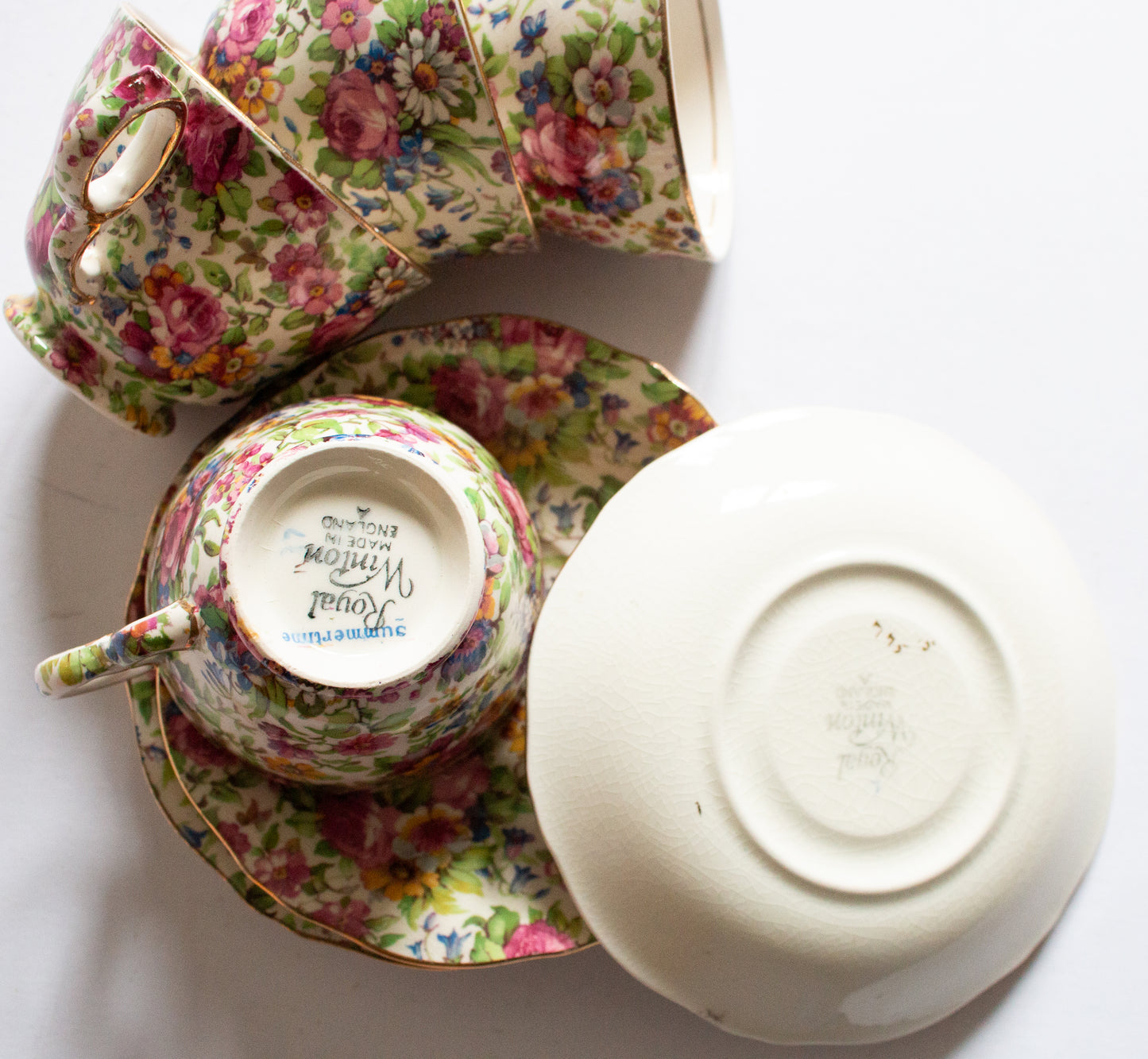 Royal Winton 'Summertime' Pattern Chintz Footed Teacups and Saucers (4)