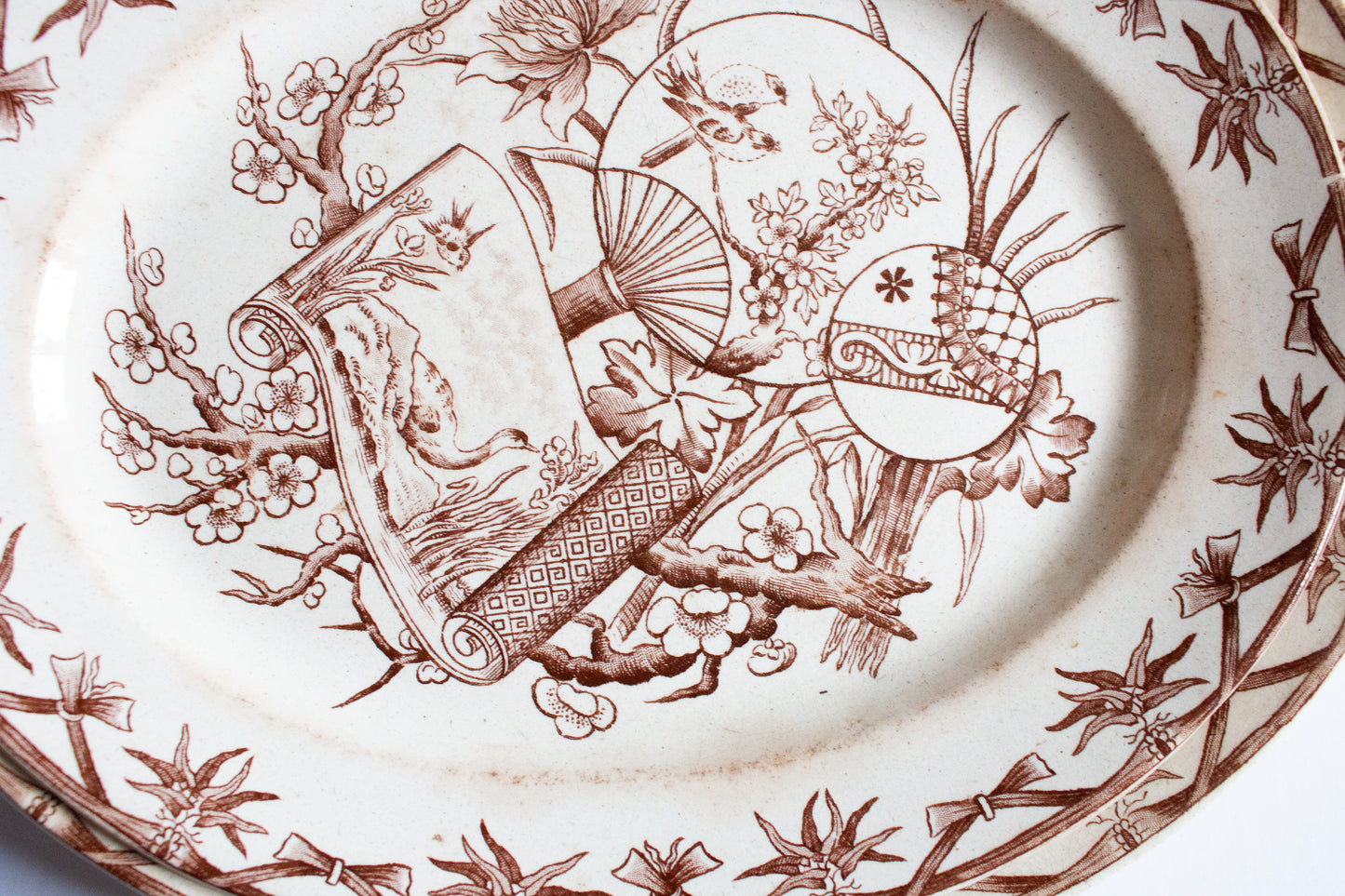 Bovey Tracey Potteries 'Fan' Pattern Brown and White Transferware Graduated Small Serving Platters (2)