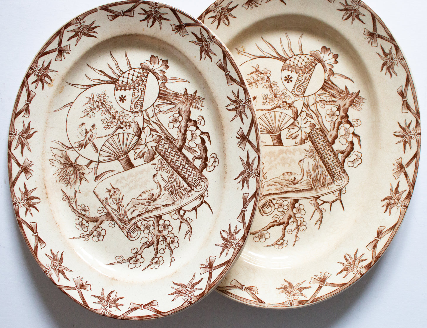 Bovey Tracey Potteries 'Fan' Pattern Brown and White Transferware Graduated Small Serving Platters (2)