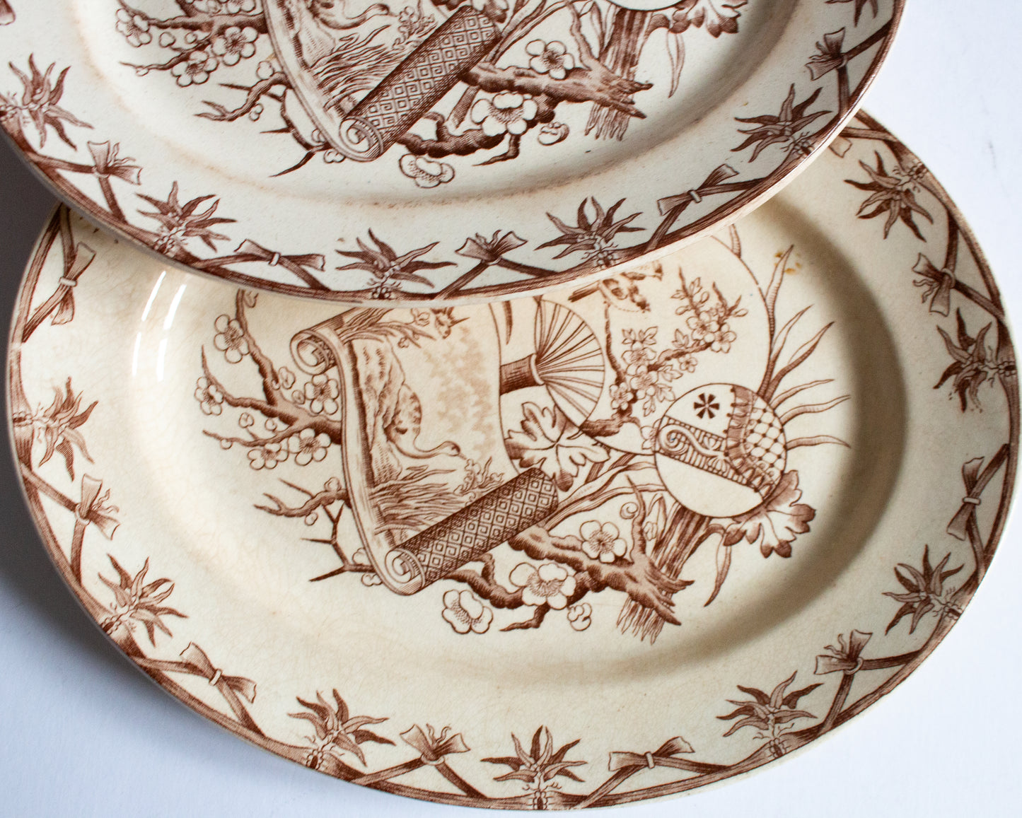 Bovey Tracey Potteries 'Fan' Pattern Brown and White Transferware Graduated Small Serving Platters (2)