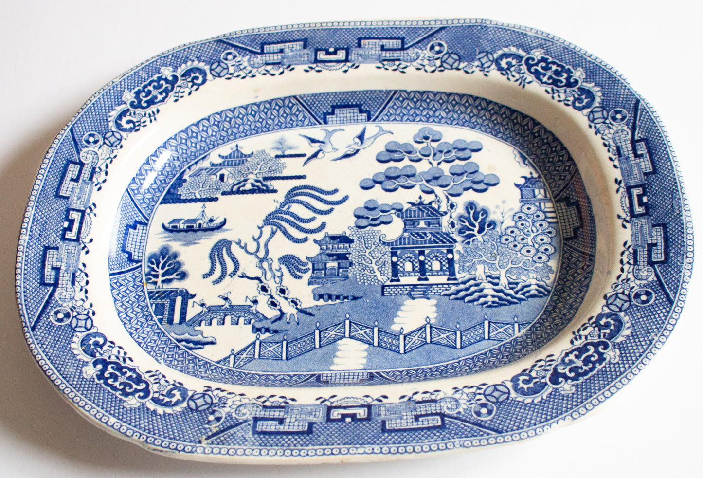 Antique 'Willow' Pattern Blue and White Transferware Serving Platter